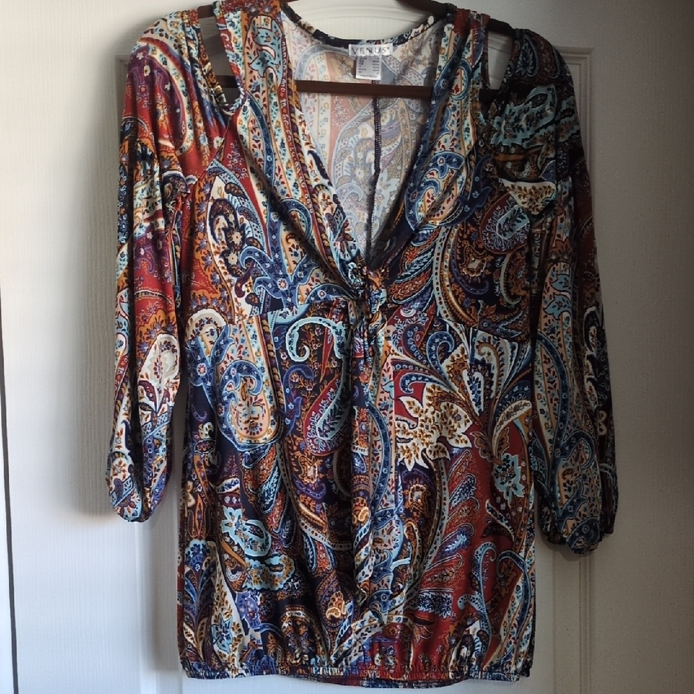 Venus Multicolor Paisley Tie-Front Blouse with Blues and Rust